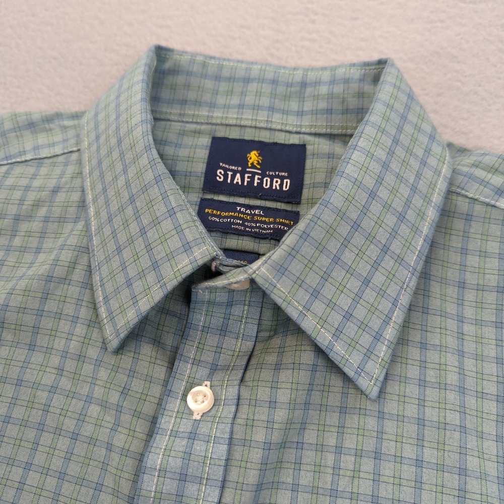 Stafford Shirt Mens‎ 16.5 Fitted Blue Green Plaid Long Sleeve Performance Dress